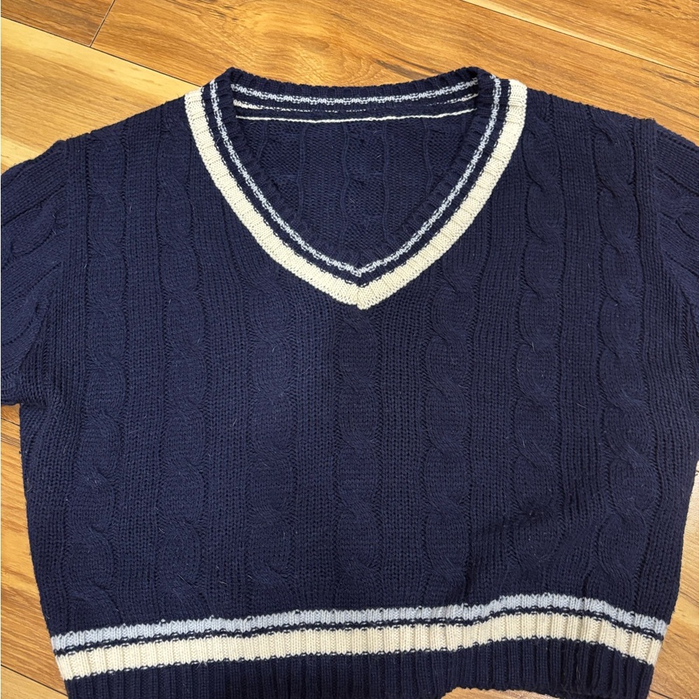 Navy V-Neck Cable Knit Sweater CROPPED